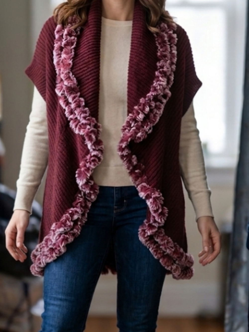 Laundry by Design Burgundy Knit Open Front Cardigan with Plush Trim